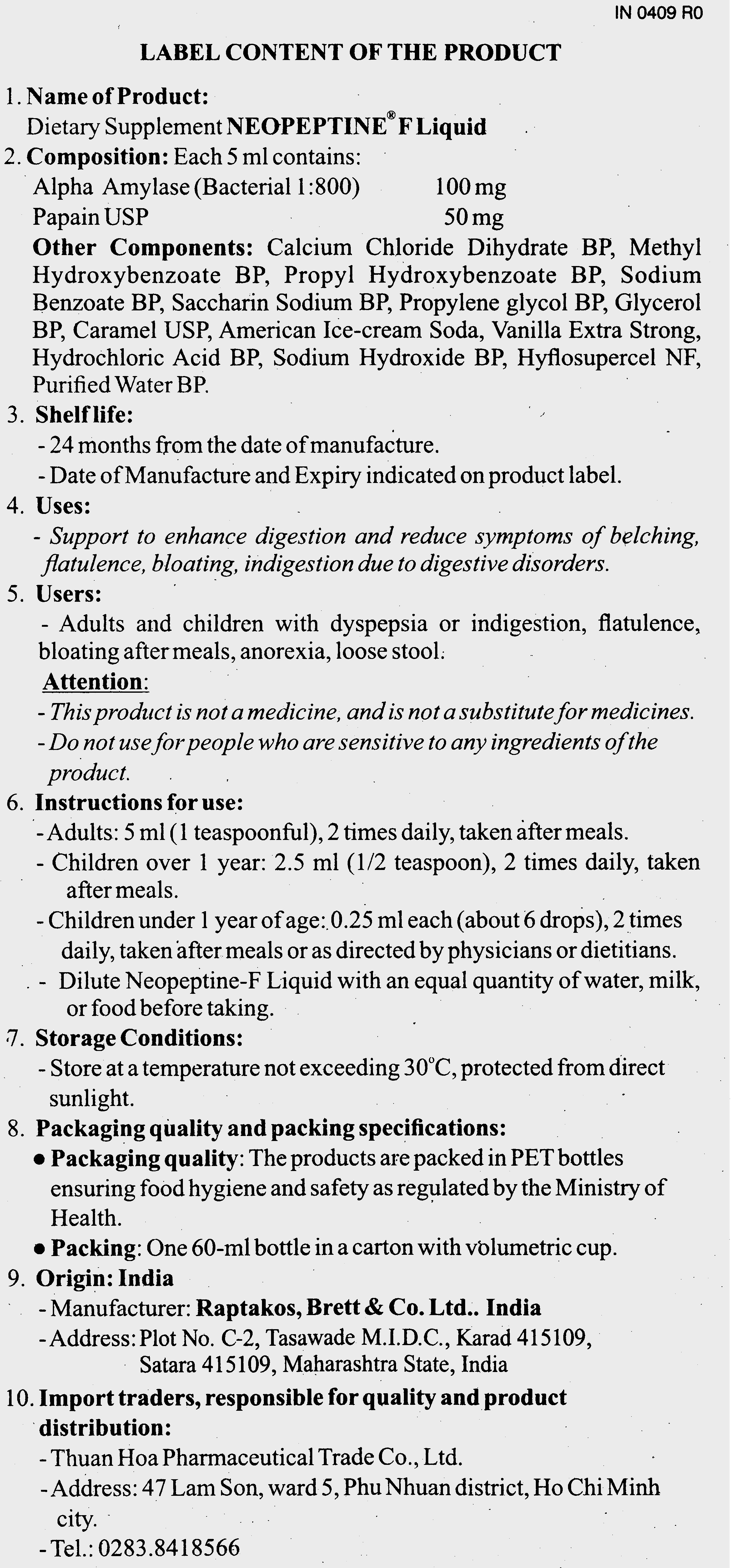 Neopeptine F Liquid hỗ trợ tăng cường tiêu hóa, giảm chướng bụng, đầy hơi chai 60 ml - 15